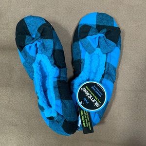Blue and black checkered slippers